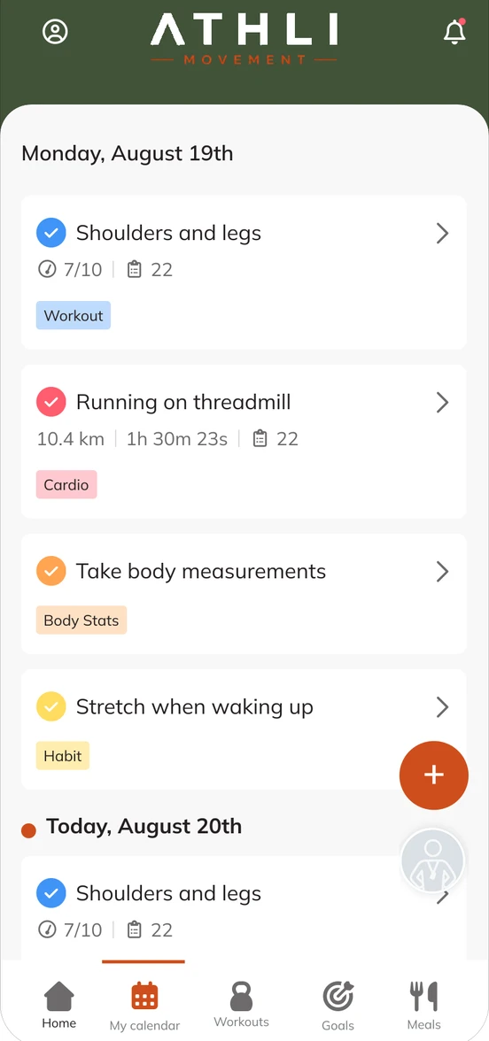 The ATHLI app calendar, showing completed workouts, a cardio session and habits
