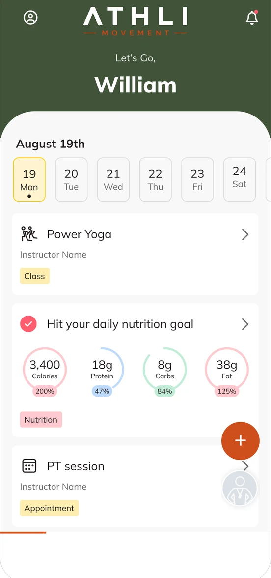 The app home screen: the day's classes, a daily nutrition goal and a booked PT session