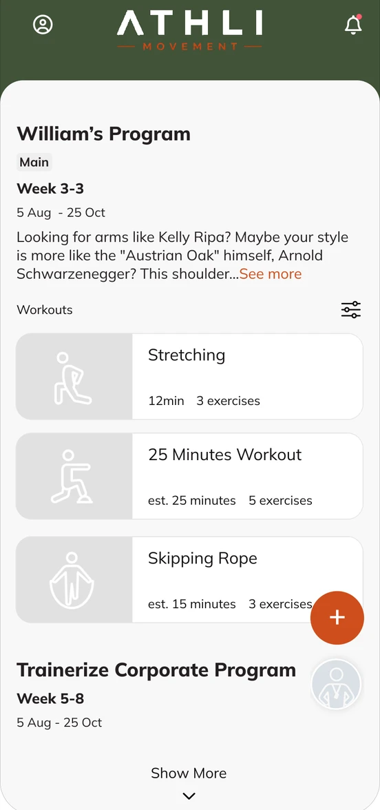 A training programme in the app, listing stretching, a 25-minute workout and skipping rope