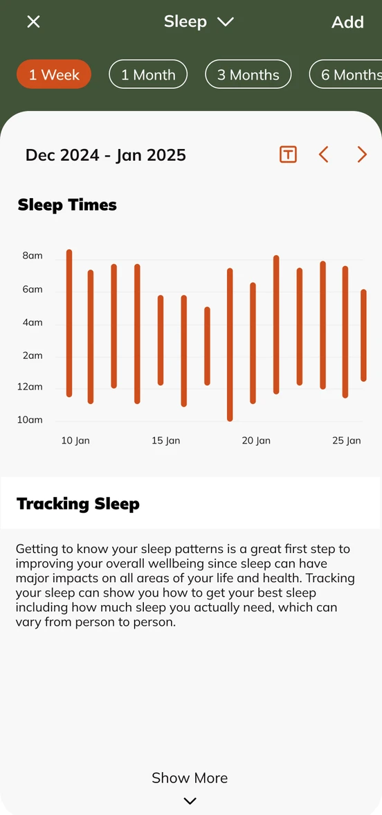 Sleep tracking in the ATHLI app, charted across a month
